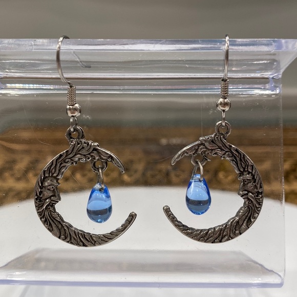 Man in the Moon - blue glass teardrops - silver earrings cast on both sides! EUC - Picture 1 of 16